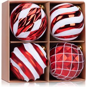 WHGJ 6 Inch Large Red and White Christmas Ball Ornaments Set, 4 Pcs Big Shatterproof Hand-Painted Hanging Bulbs for Xmas Tree, Wreath, Garland, Holiday Party Outdoor Decorations