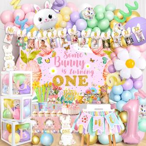 MOVINPE Some Bunny Is One Birthday Party Decorations for Girl, Baby Girl 1st Easter Bunny Birthday Party Supplies First Birthday Decor, Easter Rabbit Macaron Theme Balloons Backdrop Party Decor
