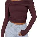 ANRABESS Womens One Off Shoulder Shirts Long Sleeve Going Out Crop Tops Ruched Tight Casual Blouse 2025 Trendy (Small, Burgundy)