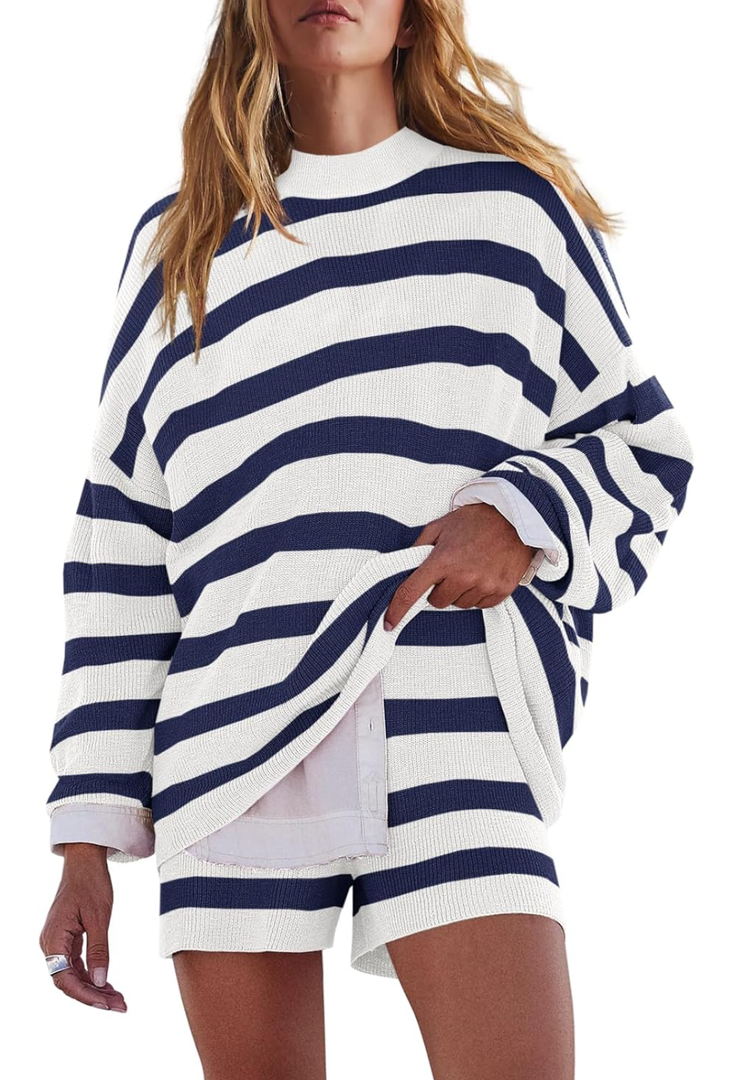 LAMISSCHE Womens Oversized Lounge Sets 2 Piece Outfits Striped Matching Pajama Set Long Sleeve Sweater Set L