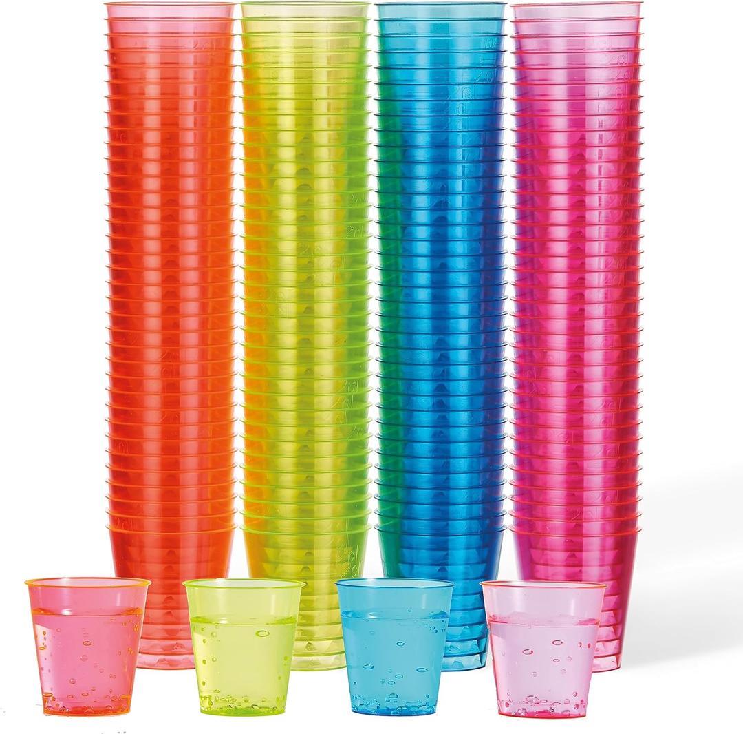 MATANA 150 Neon Plastic Shot Glasses (1oz), Party Shot Cups for Wine Tasting, Condiments, Sauce, Jello Shots & More - Sturdy & Reusable