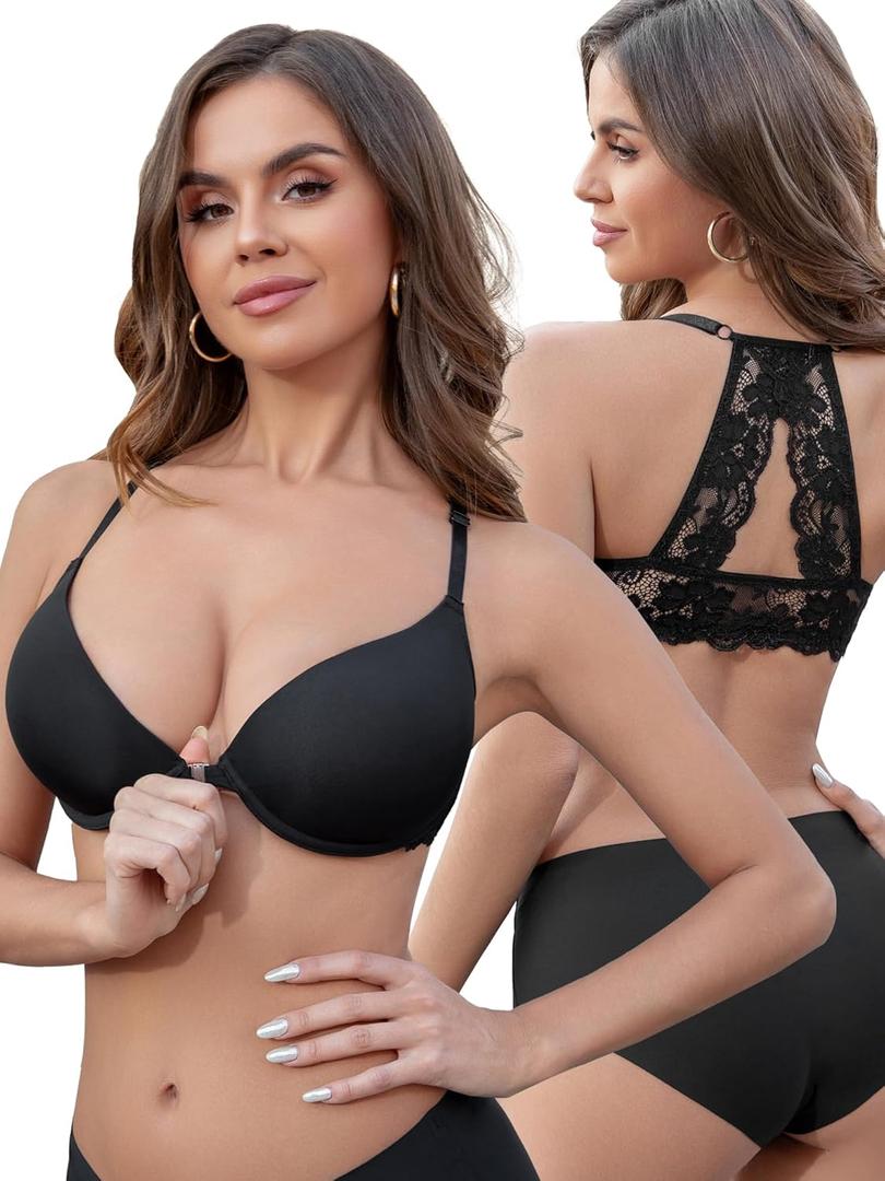 Front Closure Bras for Women Lace Racerback Sexy Plunge Lightly Padded Smooth T-shirt Underwire Push Up Bra (36D, Black)