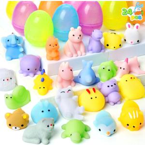JOYIN 24 Pcs Easter Prefilled Eggs with Mochi Squishy Toys, Animal Stress Reliever Squishy Toy for Glitter Transparent Easter Eggs Filler, Kids Party Favor, Basket Stuffers, Classroom Prize Supplies