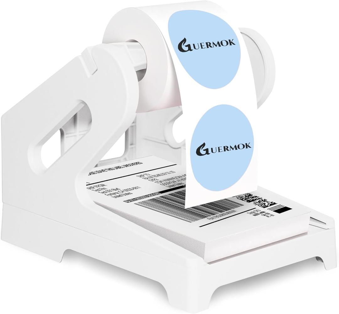 Guermok Thermal Shipping Label Holder for Rolls & Fan-Fold, Fragile Stickers for Shipping, Label Stand Desktop Printer Holder-Home Office Accessory- Sticker Dispenser for Holographic Vinyl (7 inches, White)