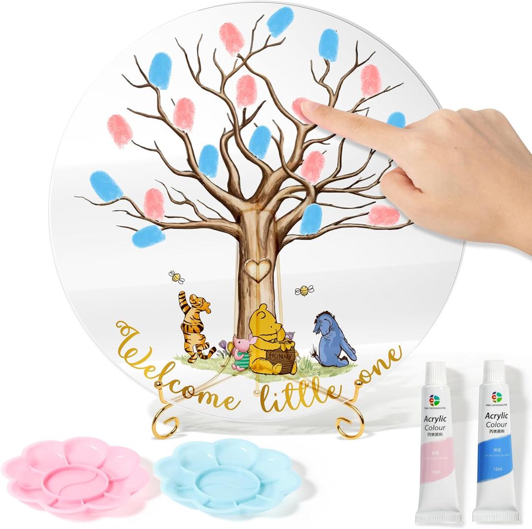 Gender Reveal Fingerprint Tree - Winnie Gender Reveal Keepsake Fingerprint Tree Guest Book for Baby Shower Idea Baby Gender Reveal Party with Watercolor Paint to DIY Meaningful Fingerprint Tree