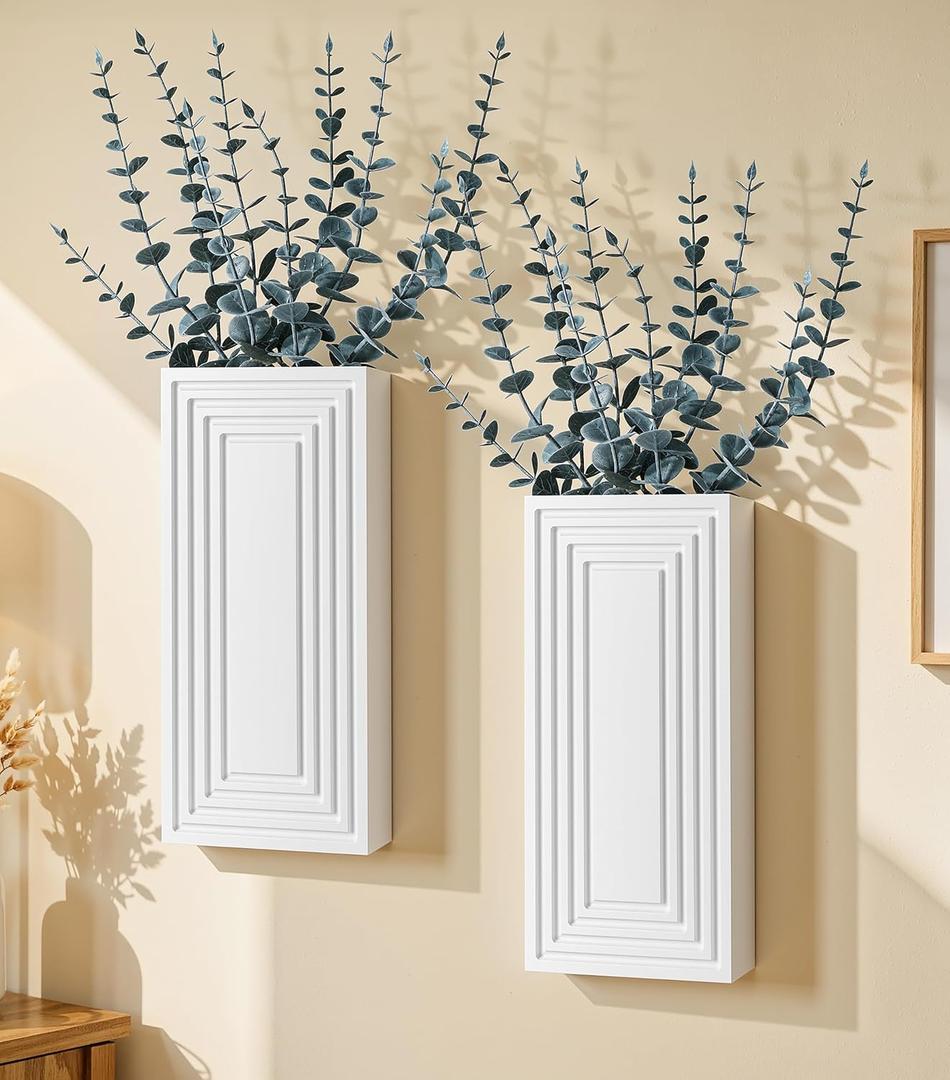 Wooden Wall Planter Vase, 2 Pack White Wood Hanging Vases with Fake Eucalyptus for Indoor Modern Boho Farmhouse Wall Art Decor for Home Indoor Kitchen Modern Farmhouse Bathroom