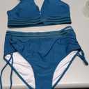 Blooming Jelly Women High Waisted Bikini Sets Tummy Control Swimsuits Color Block Two Piece Drawstring Bathing Suit (Medium,  Blue Green Mesh)