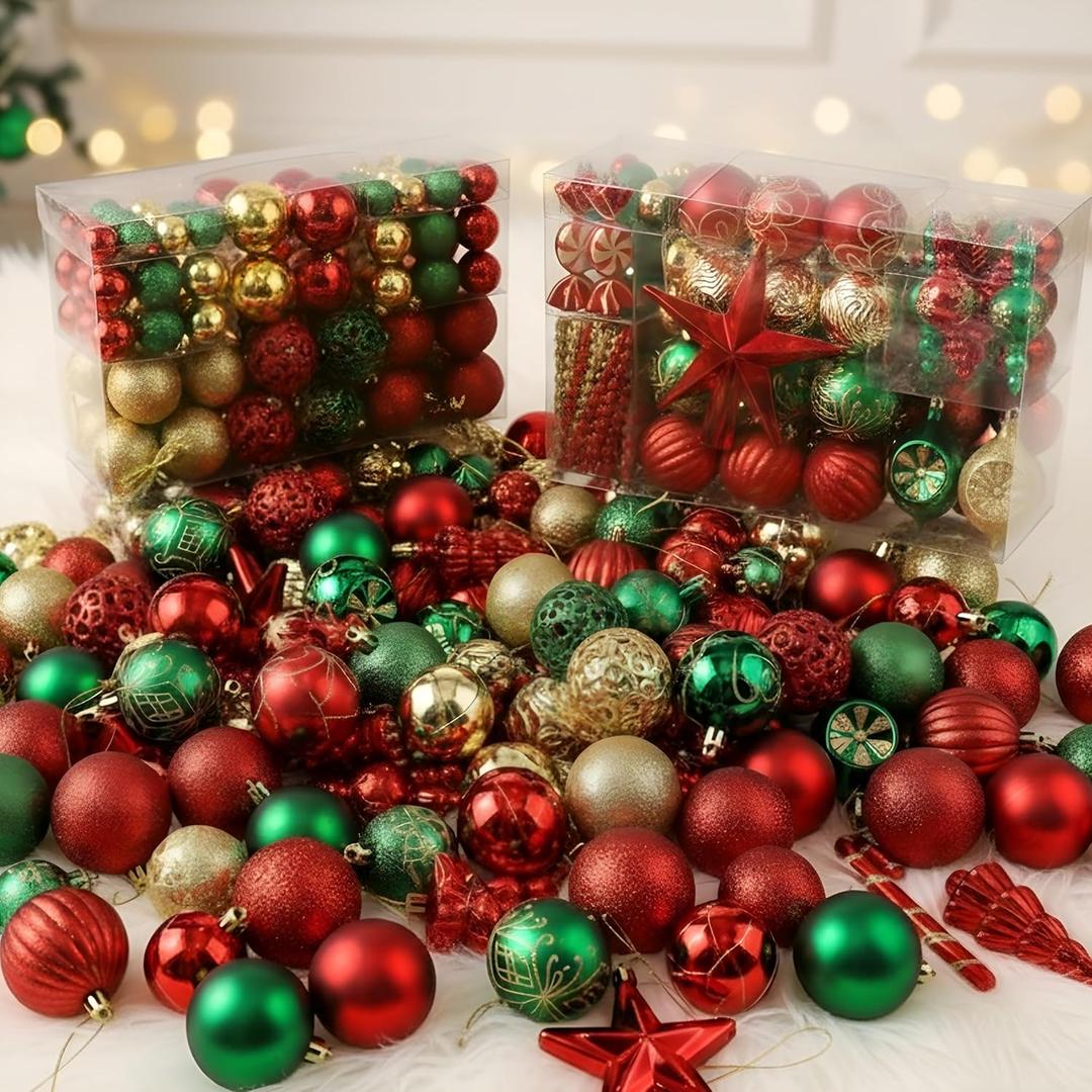 188 Pcs Christmas Balls Ornaments Set Colorful Assorted Size Shatterproof Christmas Balls Snowflake Candy Hanging Ornaments with Red Star Tree Topper for Xmas Party Tree Decoration Supplies
