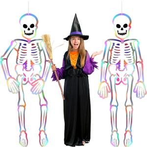 Hiboom 2 Pcs Large Halloween Jointed Skeletons 59 Inch Skeleton Cardboard Decoration Hanging Halloween Decorations Cutout Vintage Skull Holographic Paper Decor for Wall Window Door Hanging Decor