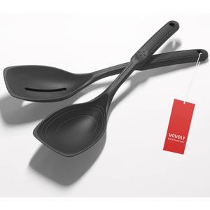2 Pack Large Silicone Cooking Spoon, Non-Stick Slotted and Solid Spoon set with Deep Bolw and Measurement Mark for Mixing, Serving, Draining, Scooping, Scraping, Heat Resistant Kitchen Utensils, Black