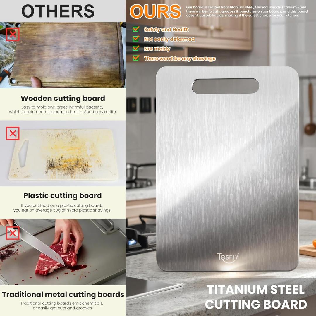 New Titanium Cutting Board -10um Cutting Boards For Kitche,Easy to clean, Double-sided food-grade Cutting Board For Meats, Fruits And Vegetables (15 * 11)