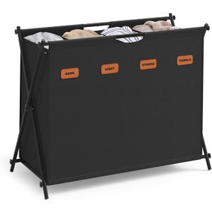 SONGMICS Laundry Hamper, Laundry Basket, 40.9 Gal. Laundry Sorter 4 Sections, Collapsible X-Frame, Clothes Organizer with Customizable Labels, Laundry Room, Bedroom, Bathroom, Ink Black ULCB140B01