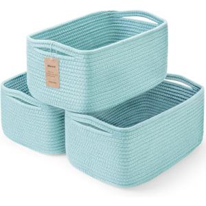 3-Pack Small Storage Baskets for Organizing | Woven Shelf Toy Basket | Rope Baskets for Gifts Empty | Closet Organizer Bins with Handles | Cube Decorative Box | 11.87.85.1 | Light Blue