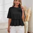 Women Summer Short Sleeve T-Shirts Oversized Dressy Casual Work Blouses Cropped Cute Ruffle Babydoll Peplum Tops (Black, L)