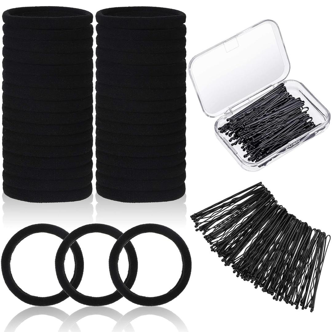 60 Black Seamless Hair Ties and 60 Black Bobby Pins with Box for Thick, Heavy, and Curly Hair - No Metal Ponytail Holders for Girls and Women