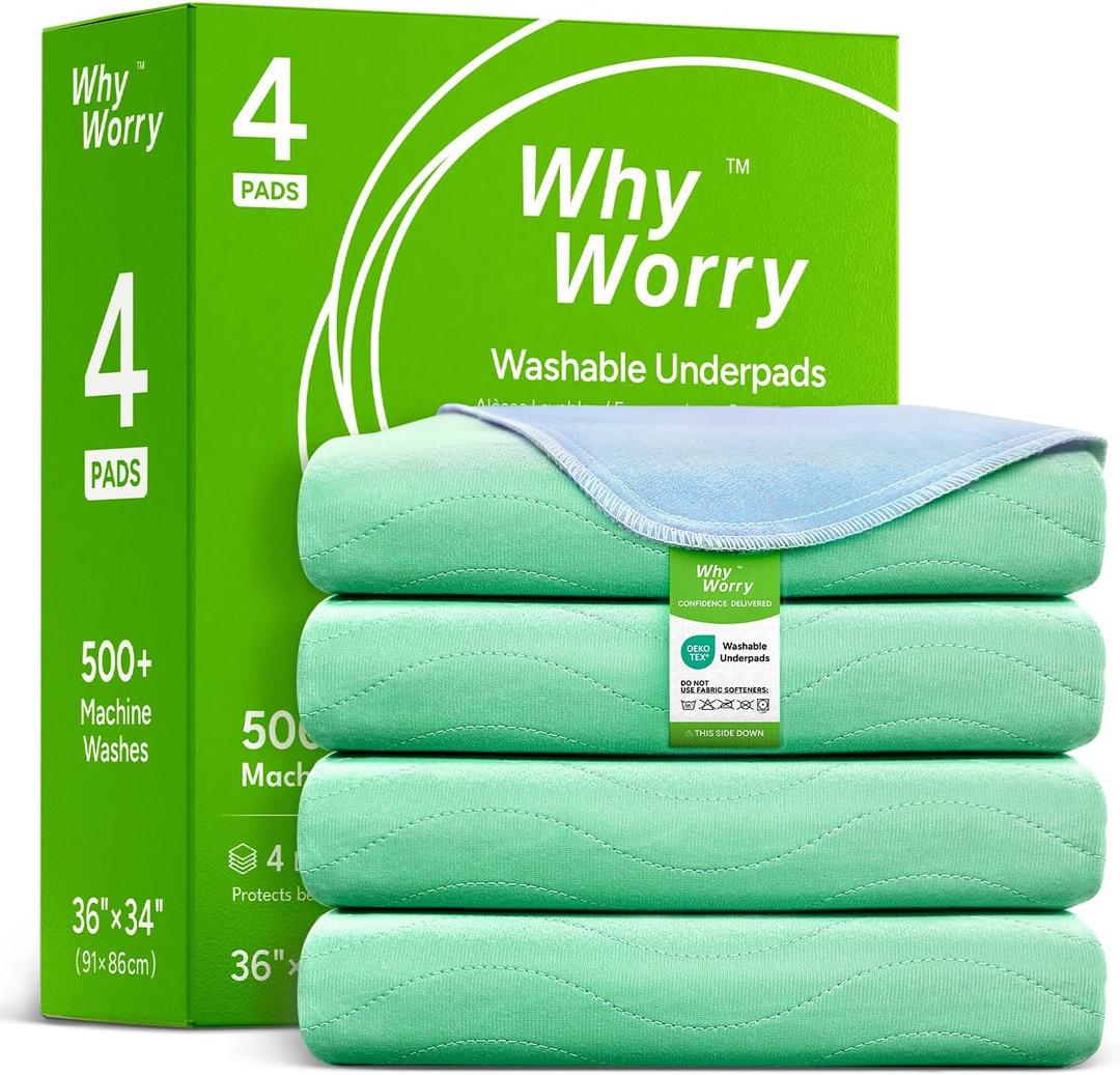 WhyWorry Washable Bed Pads for Adult Incontinence, 34" x 36" (Pack of 4) Washable Pee Pads for Bed Wetting, Heavy Absorbency Reusable Underpads for Elderly & Kids, Waterproof Mattress Protector, Green