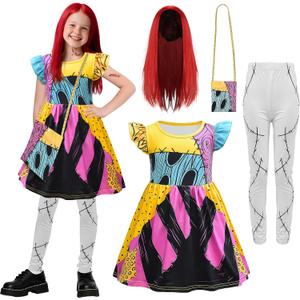 4PCS Kids Sally Costume Girls Christmas Sally Dress Wig Bag Tights Cosplay Accessories for Halloween (140)