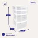 HOMZ Drawer Tower, 4-Tier Clear Plastic Storage Organizer Cart, White Frame Rolling Containers with Wheels for Bathroom, Bedroom, Office, and Classroom Organization