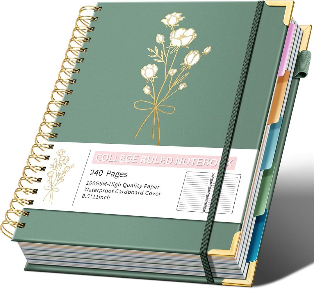 Hardcover Spiral Notebooks 8.5" X 11" Note Taking 5 Subject Notebook College Ruled with Dividers 240 Pages 100GSM Aesthetic Spiral Notebook for Work School Cute Journals for Women Writing (Green)