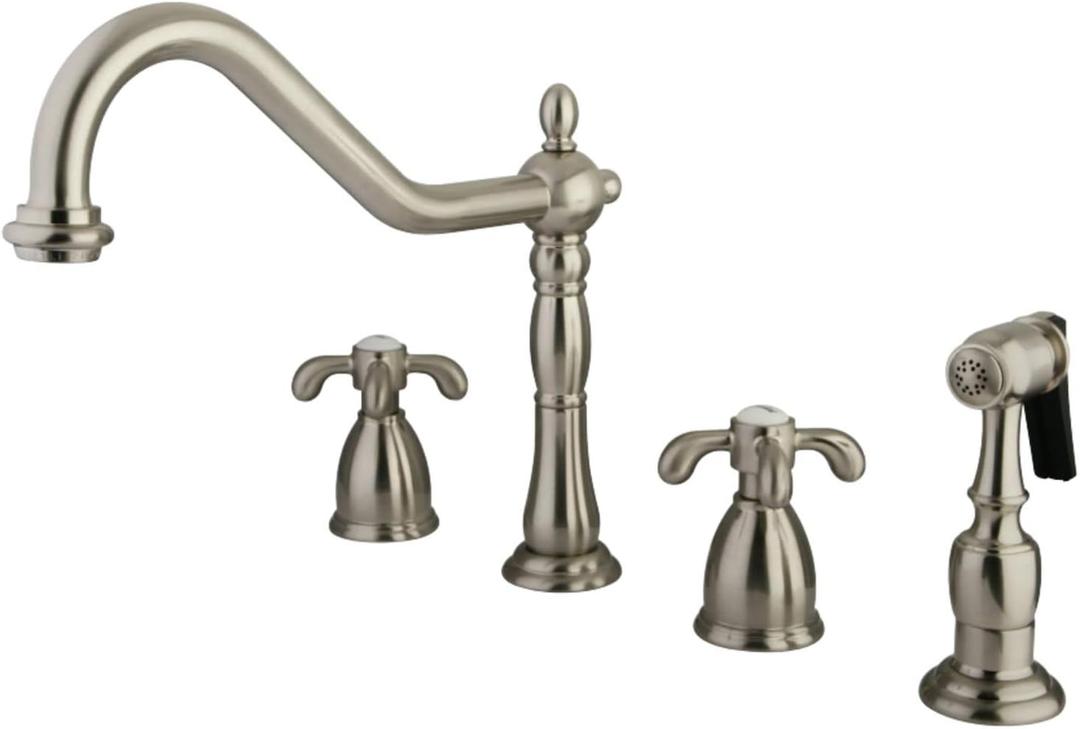Kingston Brass KB1798TXBS French Country Widespread Kitchen Faucet with Brass Sprayer, Brushed Nickel