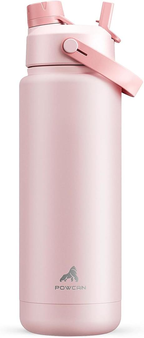 POWCAN 32 oz Insulated Water Bottle with 2-in-1 Straw and Spout Lid, Keep Cold 24H, Leak-Proof, BPA-Free, Double Wall Stainless Steel Water Bottle for Sports, Gym, Travel, and School (Cotton Candy)
