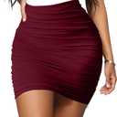 eoeoo Women’s Ruched Bodycon Mini Skirt High Waisted Elastic Stretchy Pencil Skirts (Red, L)