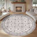 jinchan Round Rug 7ft Washable Circle Soft Rug - Low Pile Vintage 7'Round Indoor Beige Floral Print Stain Resistant Boho Carpet Ultra-Thin Non-Slip for Living Room Bedroom Dining Room Kitchen