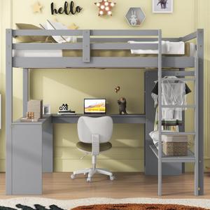 Full Size Loft Bed with L-Shaped Desk,Wooden Loft Bedframe w/Wardrobe and Storage Shelves,Full-Length Guardrails,Hanging Rod,for Bedroom,Grey