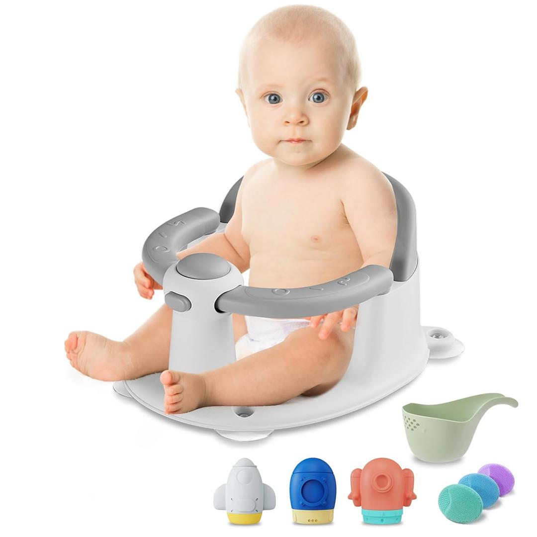 Baby Bath Seat for Babies 6 Months & up, 3 Baby Bath Toys, Non-Slip Baby Bath Seat, Safe & Comfortable Baby Bath Support, for Bathtub/Living Room/Shower Room, Grey