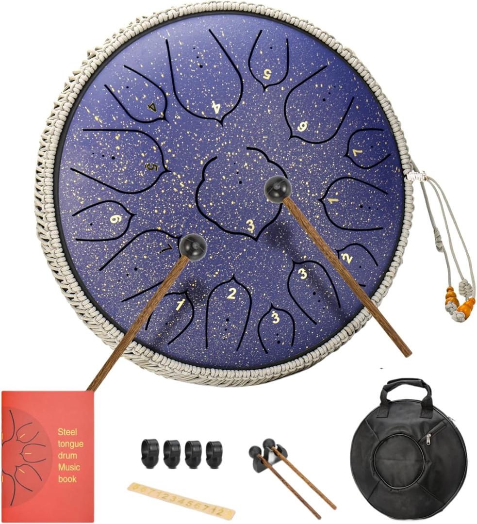 Steel Tongue Drum 14 Inches 15 Notes Hand Pan Drum Rain Drum Percussion for Meditation Yoga Musical Education for Adult & Kids (Lotus Purple)