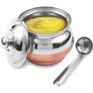 KSJONE Copper Coated Stainless Steel Ghee Pot with Spoon | Ghee Container for Kitchen | Premium Oil Container with Lid for Pooja Items, 200 ML
