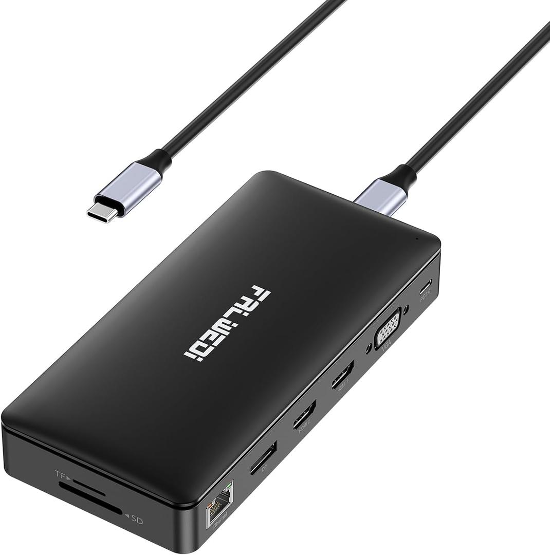 FALWEDI USB C Laptop Docking Station,15 in 1 Dock with 4K Triple Display Multiport Adapter and 3 Monitors Compatible for MacBook/Lenovo/Dell/HP (2 HDMI,DP,VGA,USB Ports,RJ45,SD/TF,Mic/Audio,PD) Black