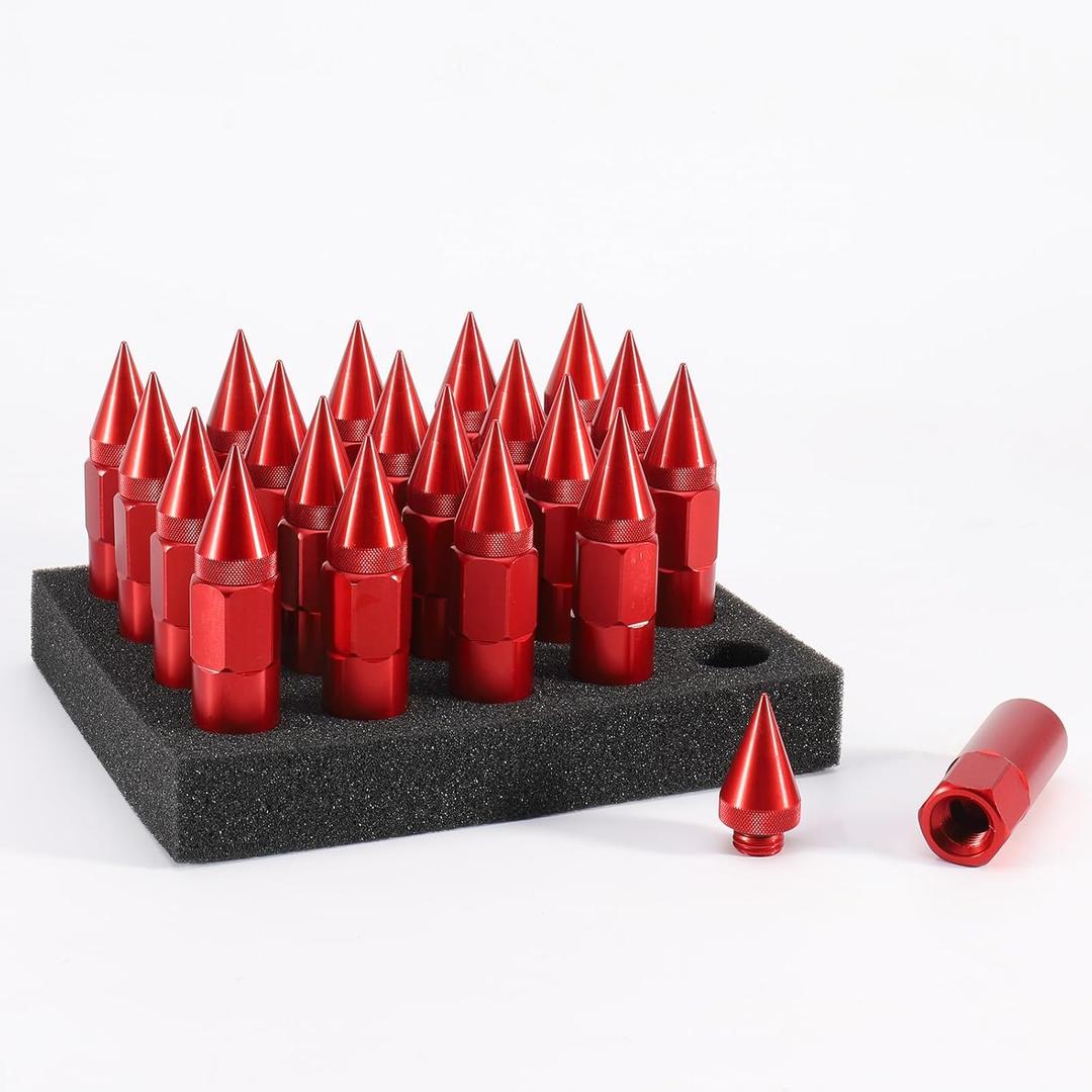 M12x1.25 Spikes Wheel Lug Nuts, 20 Pcs Extended Tuner Lug Nuts, 60mm Aluminum Lug Nut (Red)