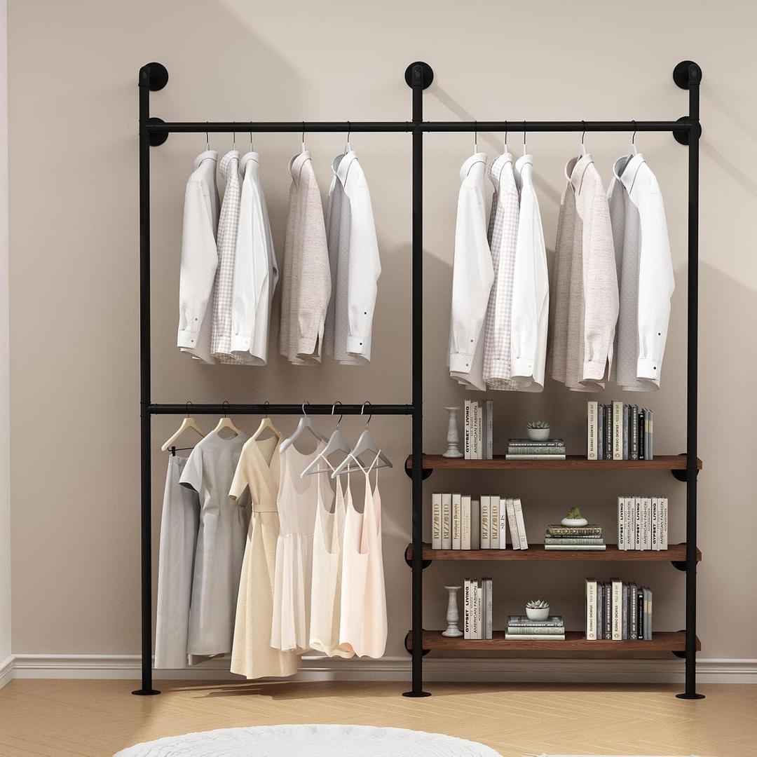 HOMEKAYT Industrial Pipe Clothes Rack,Wall Mounted Clothing Rack with Shelves, Heavy Duty Multi-Purpose Storage Clothes Hanging Shelf - 70.8''L Black