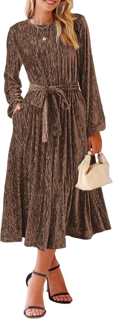Happy Sailed Women's Velvet Dress Fashion Fall Winter Long Sleeve High Waist A-Line Semi Formal Wedding Guest Dresses (Brown Coffee) Large