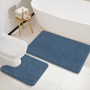 LOCHAS Bathroom Rugs Sets 2 Piece, Soft Non Slip Bath Mat Set, 20''x20'' U-Shaped Toilet Rug and 34''x21'' Denim Blue Bath Rugs, Washable Absorbent Chenille Toilet Rug Set for Bathroom, Shower, Sink