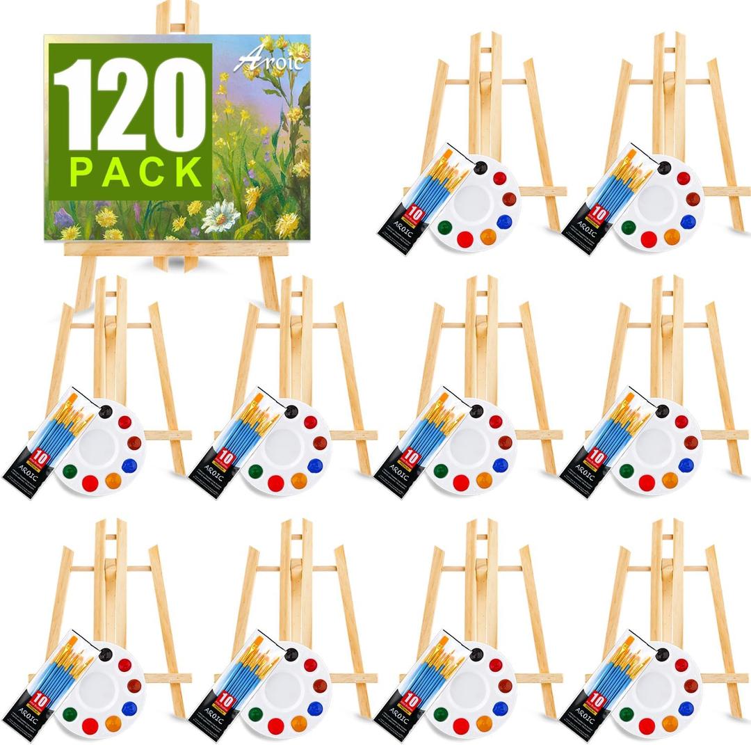 AROIC 120 PCS Painting Supplies Set with 10 PCS Wood Easels, 10 Packs of 100 Brushes with Nylon Brush Head and 10 PCS Palettes, Tabletop Wooden Art Easel for Kids & Adults Sip and Paint Party