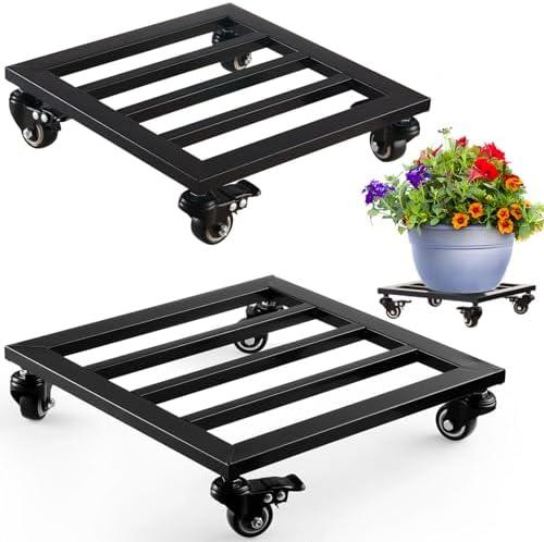 2 Packs Large Metal Square Plant Caddy with Wheels 13.6" and 12" Iron Wrought Rolling Plant Stand with PU Metal Casters Heavy-Duty Plant Dolly Indoor Outdoor Plant Roller Base Planter Movers, Black