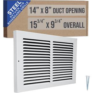 Fits 14x8 Duct Opening | Steel Baseboard Return Air Grille by Handua | Vent Cover Grill | 7/8" Margin Turnback [Depth] to Fit Baseboard | White | Outer Dimensions: 15.75"W X 9.75 "H