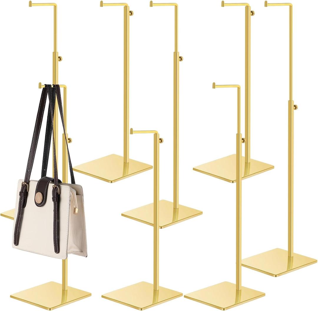 Hicarer 8 Pcs Gold Purse Display Stands Stainless Steel Adjustable Height Bags Display Rack Metal Handbag Display Holder Set for Home Store Boutique Counter Retail Floor Display Props Shelve(Classic)