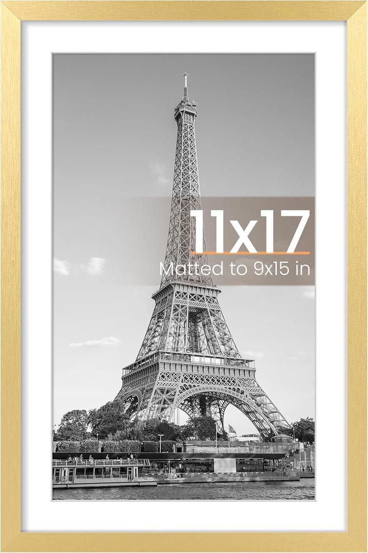 upsimples 11x17 Picture Frame, Display Pictures 9x15 with Mat or 11 x 17 Without, Wall Hanging Poster Frames, Gold, 1 Pack