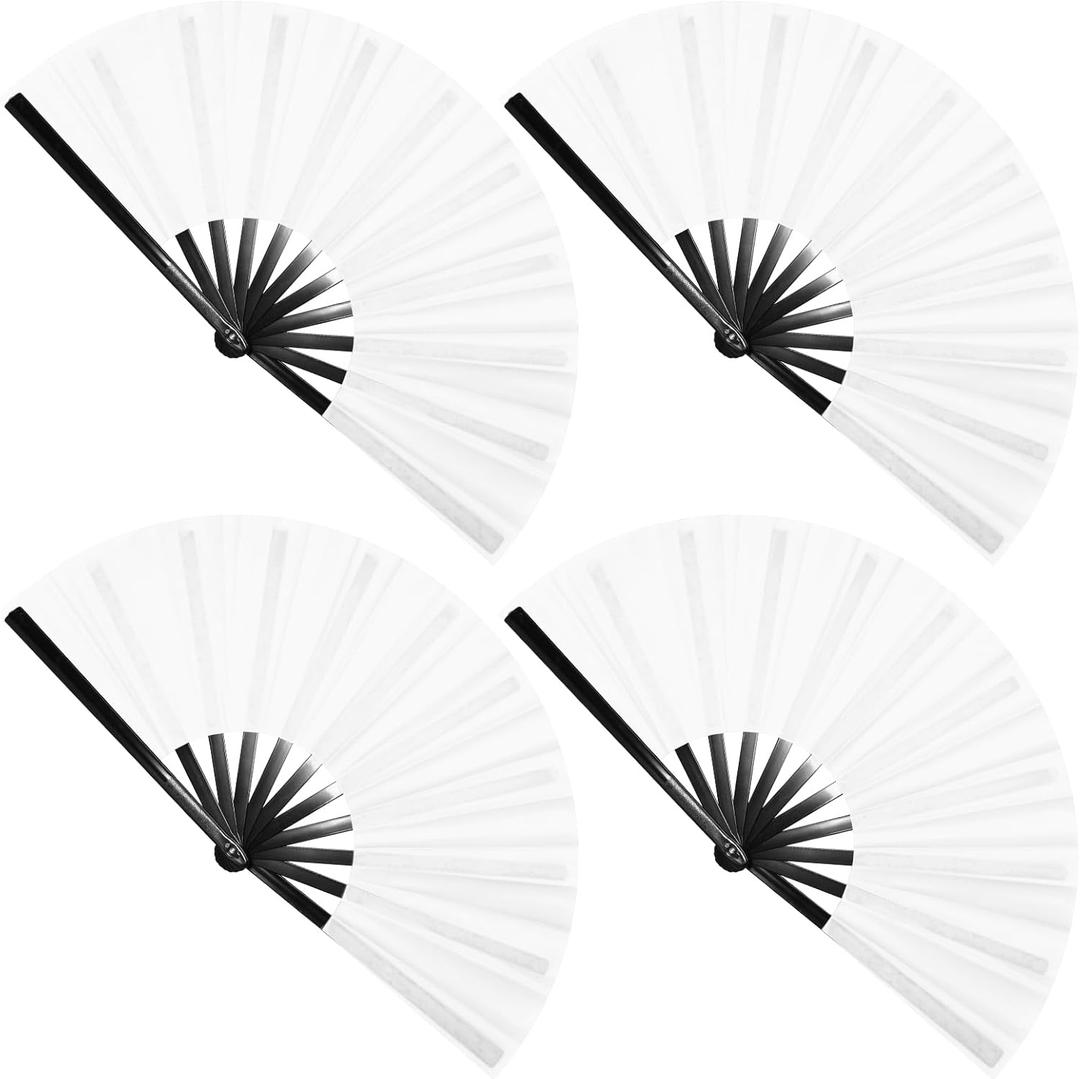 4Pcs Large Clap Fan Fabric Folding Fan Chinese Tai Chi Hand Rave Fans Sublimation Transfer Blank Craft Dance Decoration for Festival Party Favors (White)