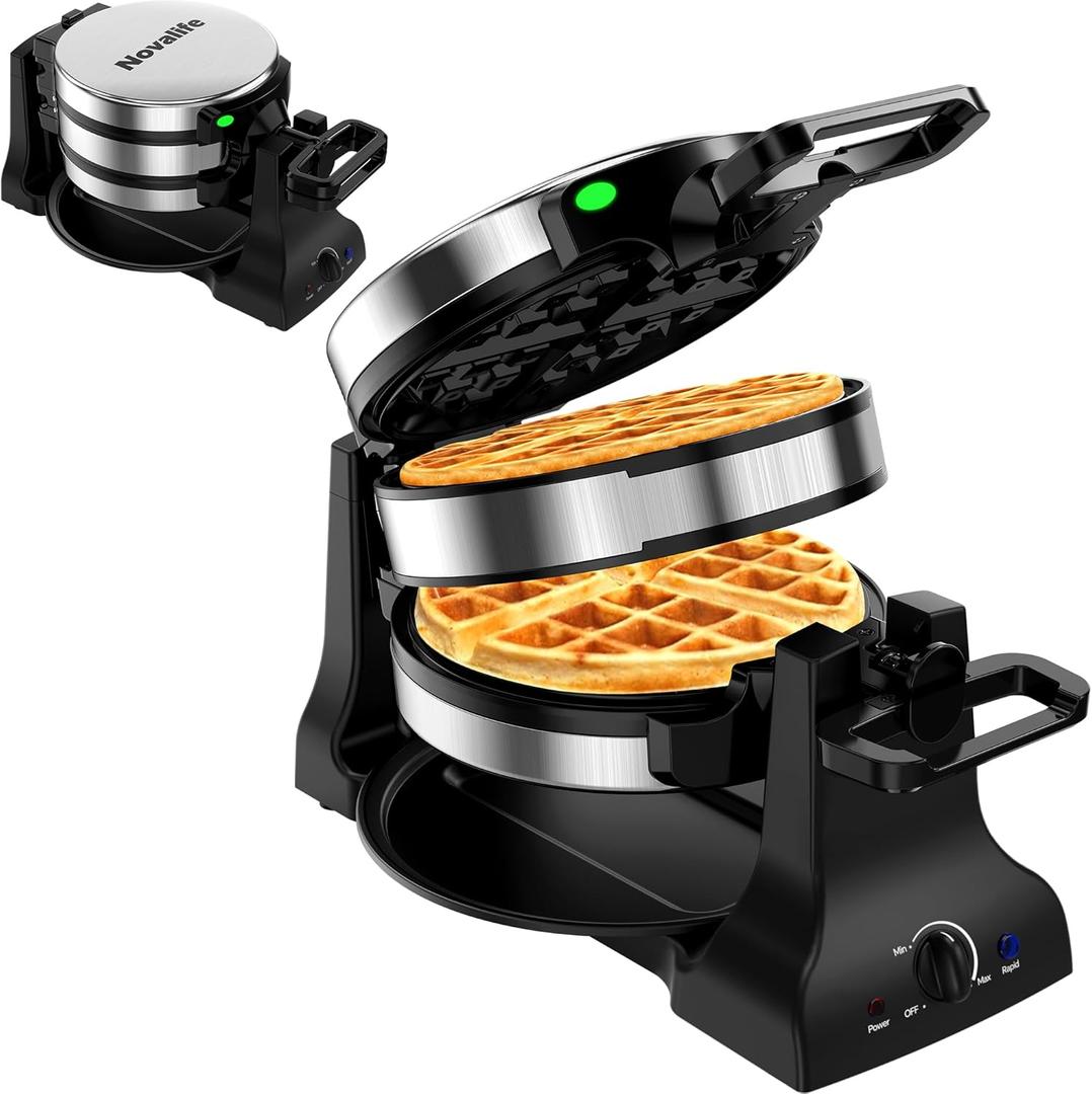 Waffle Maker, 1400W Belgian Waffle Maker, Double Waffle Iron 180 Flip, Rotating Nonstick Plates, Adjustable Browning Control, Locking Buckle & Cool Touch Handle, Removable Drip Tray, Stainless Steel