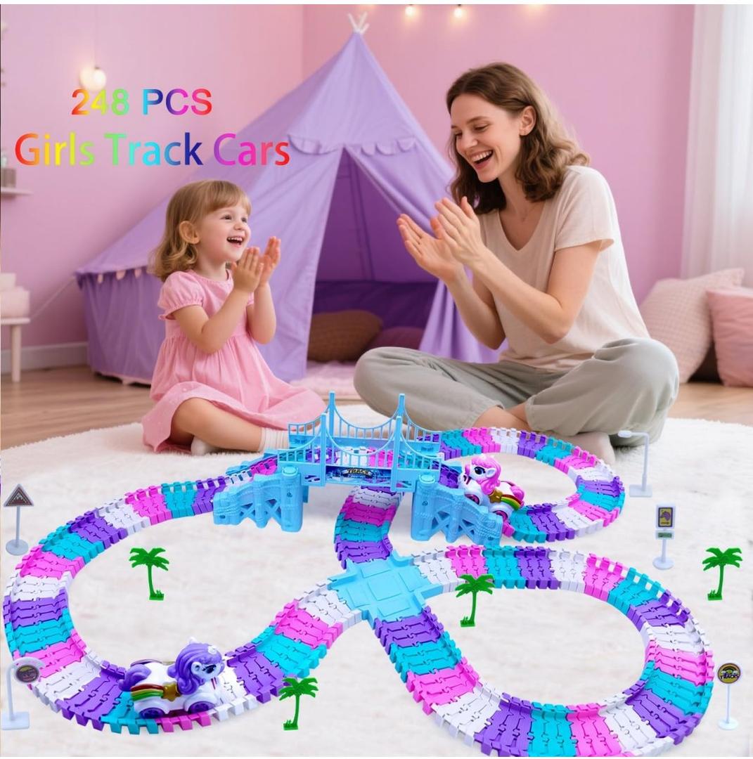 Tracks Car Toys Set for 2 3 4 5 6 7 Year Girl Toddler, 248 PCS Pink Magic Bendable Race Track Toy with 1Unicorn Car Toy and 1 Pink Train, Birthday Gift Idea for Kid