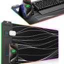 XXL Mouse Pad with Foldable Phone Holder - Black, RGB Desk Mat with 15W Fast Charging, LED Gaming Mousepad with 11 Light Colors, Waterproof Non-Slip Pad (Stand XXL RGB Wavy)