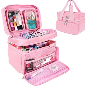 SINGER Sewing Accessories Organizer (Bag Only)  Double Layer Portable Sewing Storage Bag | 2 Detachable Pouches and 18 Compartments, Large Sewing Supplies & Crafting Carry-all (Pink)