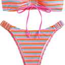 Women's Striped Printed Bandeau Bathing Suit High Waisted Swimsuit Bikini Set (Pink) S