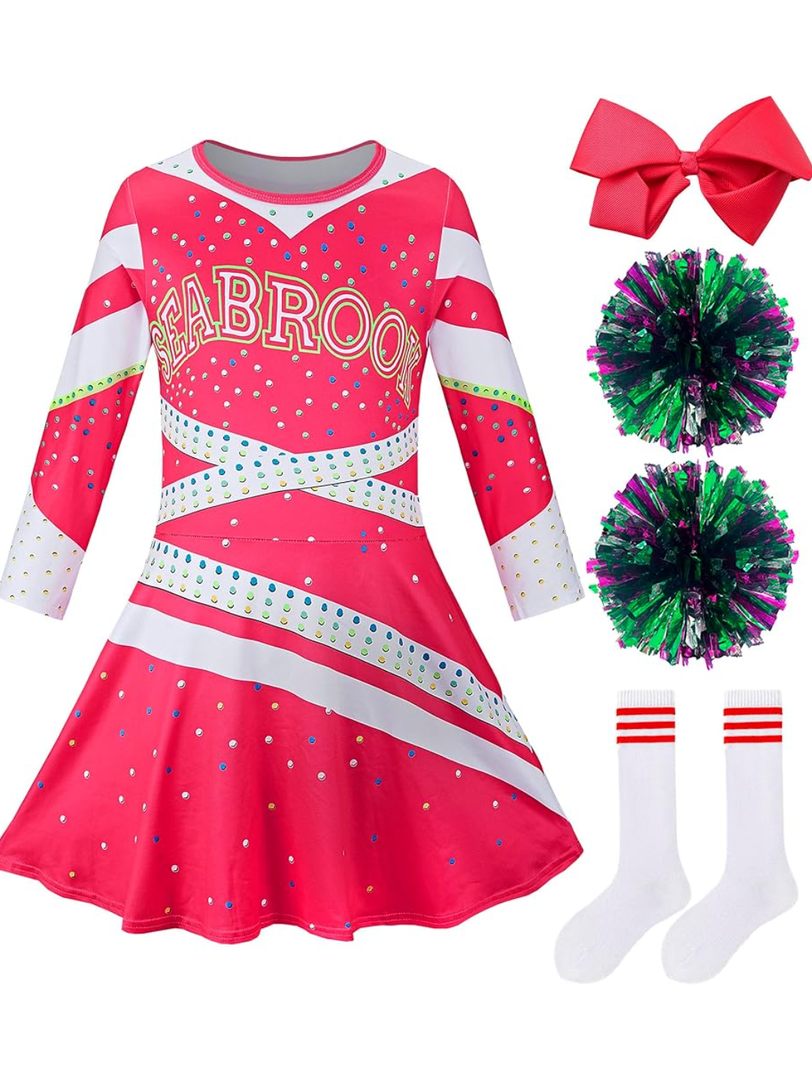 Girls Cheerleader Costume Outfit Halloween Cheer Uniform Dress Up with Accessories, Size/ Kids Medium.