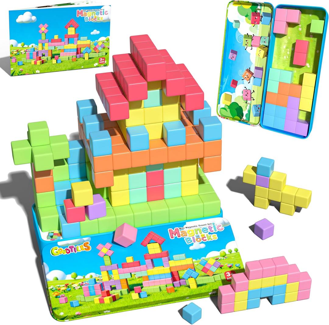 Goodtiles Mini Magnetic Blocks, Travel Outdoor Toys for Kids Ages 3-5 4-8, Magnet Cubes with Iron Box, STEM Montessori Sensory Building Toys, Ideal Gifts for Toddlers Boys Girls Birthday