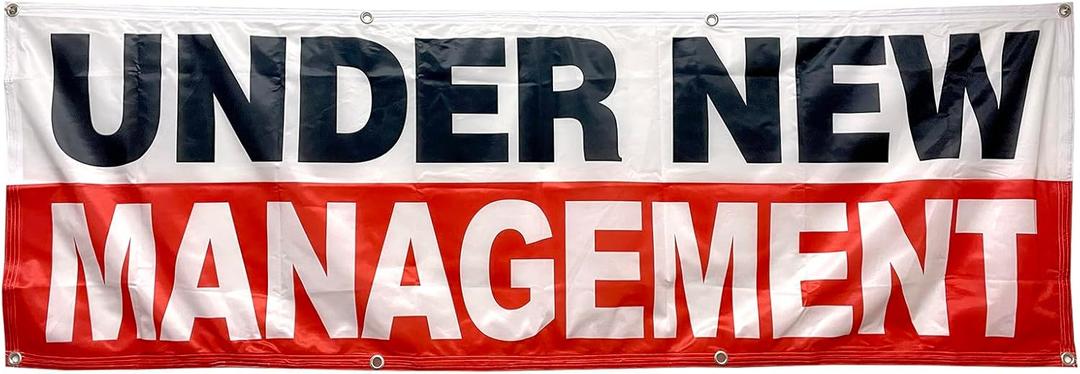 4 Less Co 2x6 Feet UNDER NEW MANAGEMENT Banner Sign Fabric Polyester with Grommets wrb, Medium, Red